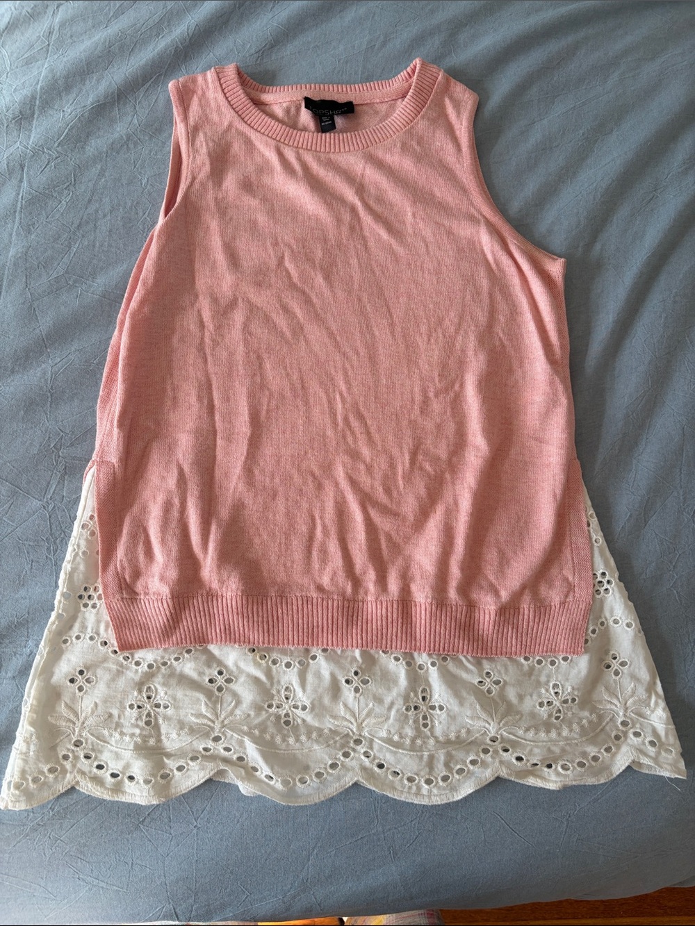 Topshop Pink Knit Tank with White Eyelet Hem